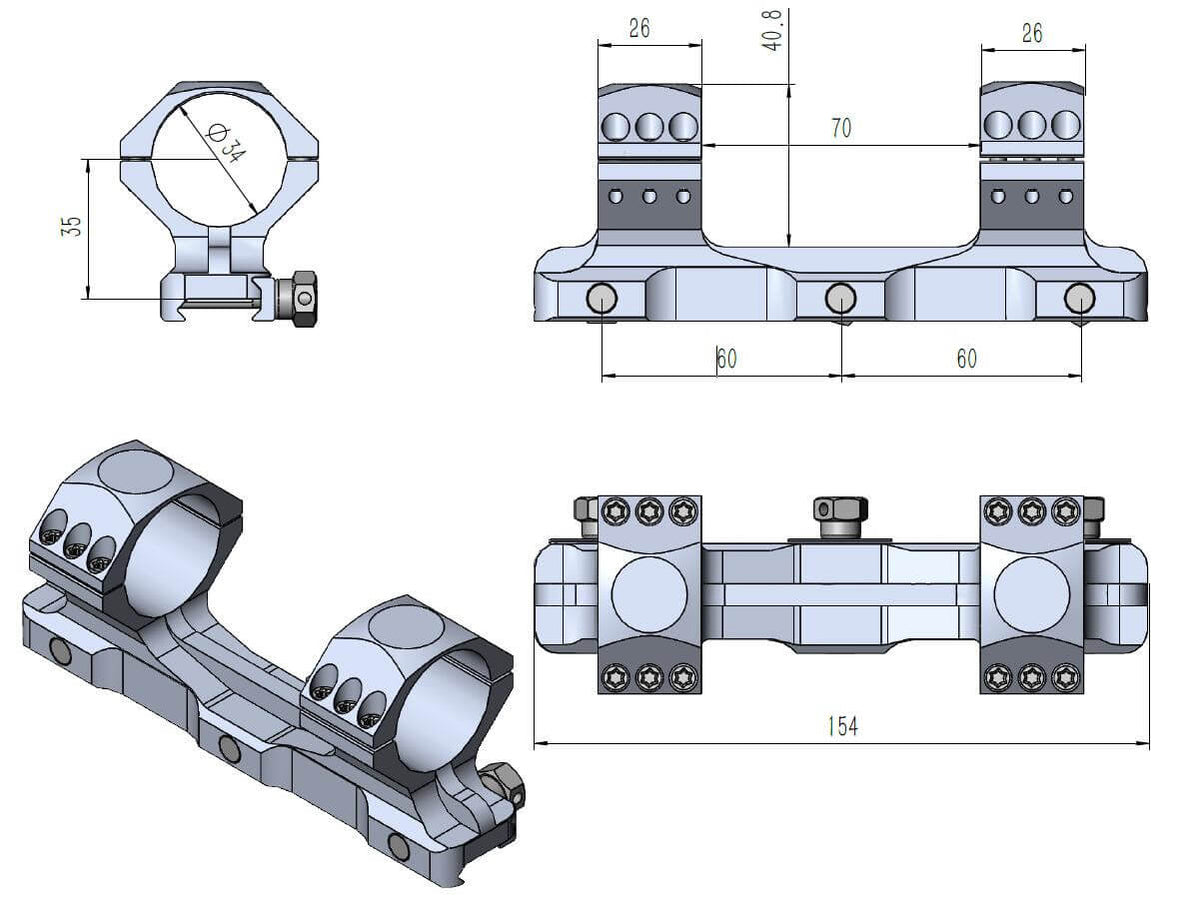 X-Accu 34mm Medium Profile One Piece Picatinny Mount