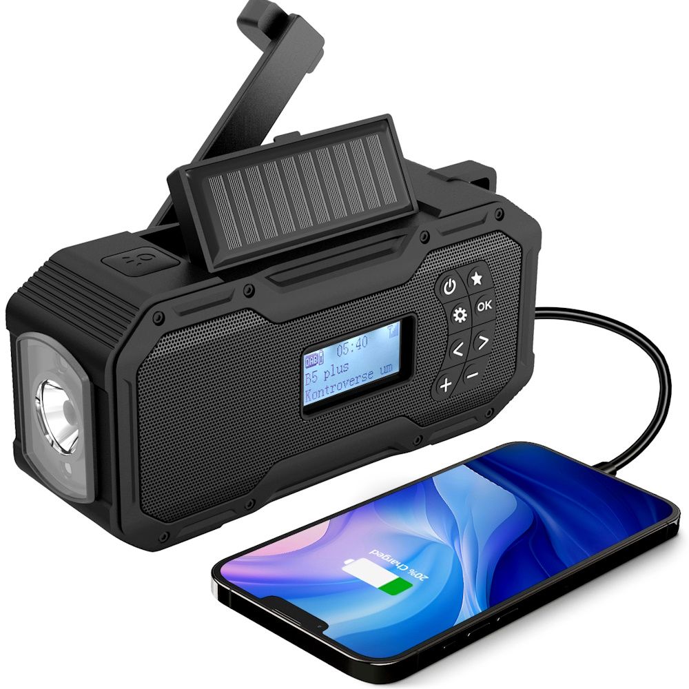 Nødradio med DAB/FM, 5000 mAh, solceller, håndsveiv og LED-lykt - Lakuda