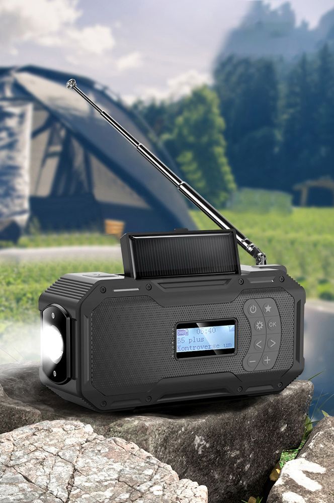 Nødradio med DAB/FM, 5000 mAh, solceller, håndsveiv og LED-lykt - Lakuda