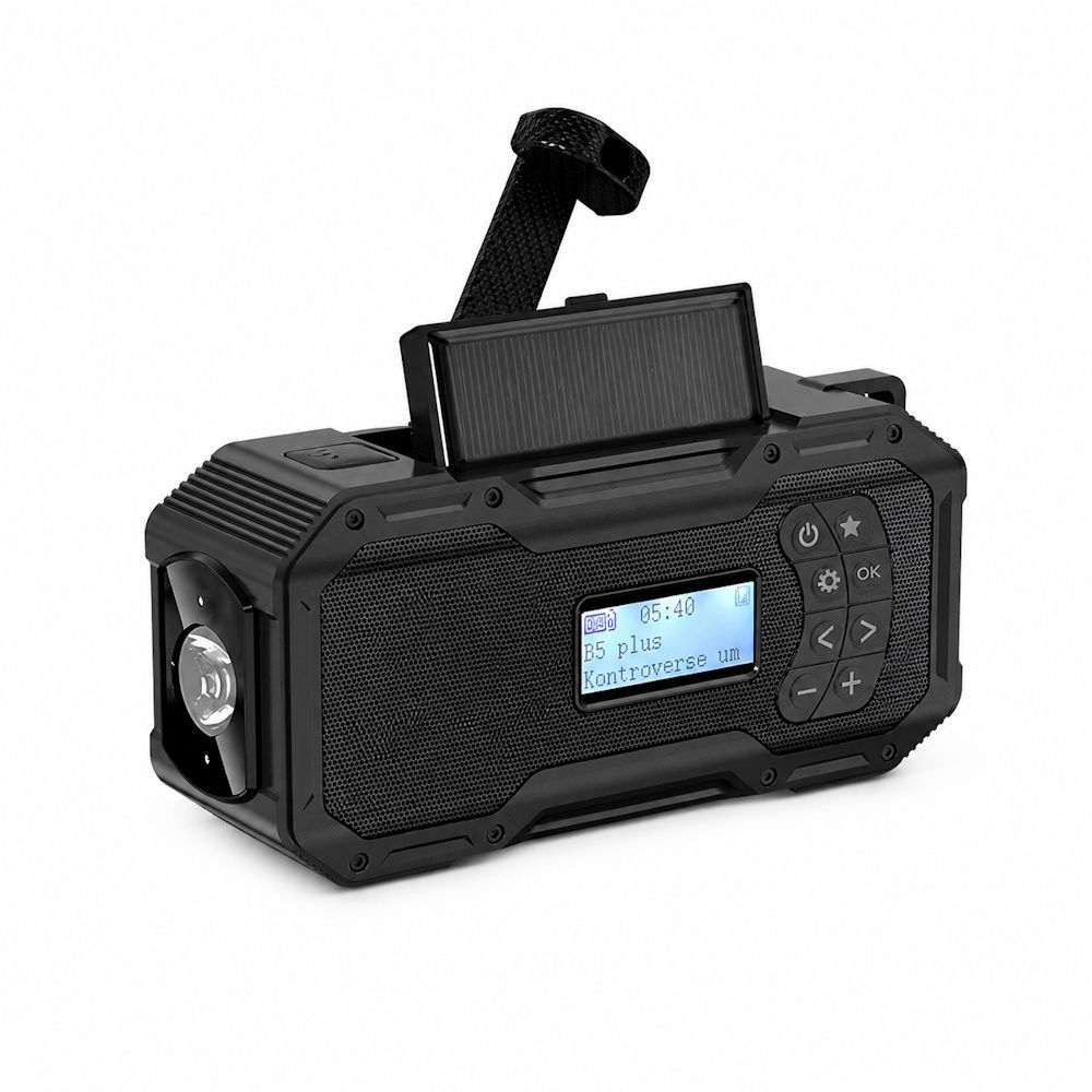 Nødradio med DAB/FM, 5000 mAh, solceller, håndsveiv og LED-lykt - Lakuda