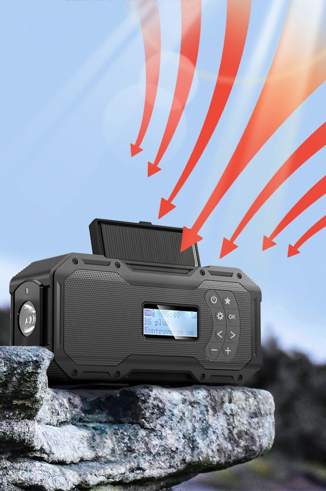 Nødradio med DAB/FM, 5000 mAh, solceller, håndsveiv og LED-lykt - Lakuda